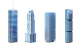 Fototapeta Nowy Jork - Skyscrapers, business towers, office, residential, commercial tall buildings set. Modern eco cityscape 3D render design element. Smart city megapolis town skyscraper icons isolated, transparent PNG