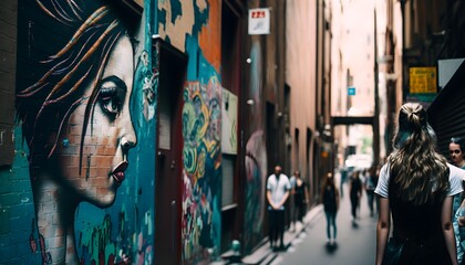 Illustration of the cultural richness of Melbourne's laneways to showcase the city's diverse street art and unique urban vibe. Using a cool color tone and a natural rendering style. Generated by AI.