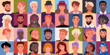 Cartoon Portraits Of Multicultural Diverse Team Of Happy Female And Male Adult Characters With Smiles On Young Faces, Cute Man And Woman. Different People In Square Avatars Vector Illustration