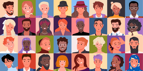 cartoon portraits of multicultural diverse team of happy female and male adult characters with smile