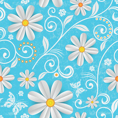 Wall Mural - Vector seamless bright blue spring pattern with white daisies and butterflies