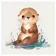 Cute otter watercolor illustration,fluffy little baby sea otter enhydra lutris character in nature sitting in water. Kawaii cub animal watercolour drawing for kid book. Hand drawn otter color graphic