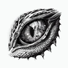 Dragon Or Dinosaur Monster Eye Tattoo, Sketch, Tshirt Print. Vector Monochrome Reptile Eyeball And Spiky Skin. Realistic Sketch Of Black And White Fantasy Creature Pupil. Mythical Animal Eye Drawing