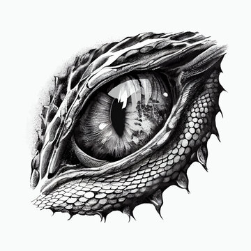 dragon or dinosaur monster eye tattoo, sketch, tshirt print. vector monochrome reptile eyeball and s