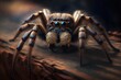 Extreme close-up shows a hairy, eight-eyed tarantula scuttling on a plank of wood. Generative AI