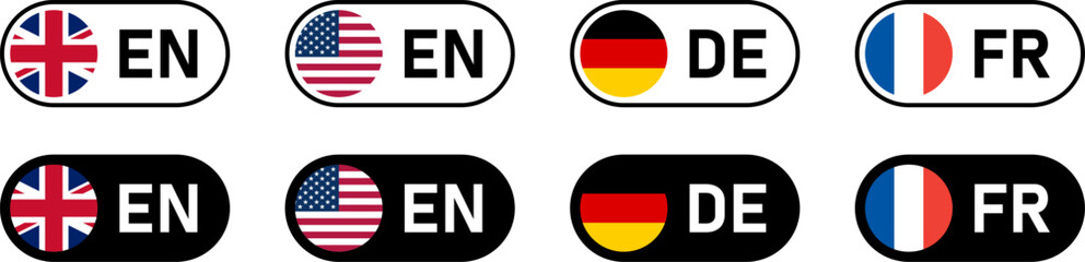 Toggle Slider Style Flag Selection Button Icon Set including UK United Kingdom USA United States of America Germany and France Flags with Language Codes for English, German and French. Vector Image.