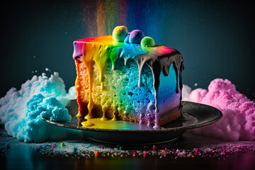 Poster - Piece of cake is covered in colorful powder. Generative AI.