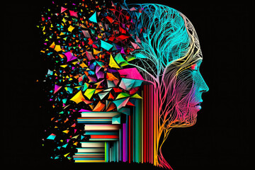 Wall Mural - Colorful image of woman's head with books flying out of it. Generative AI.