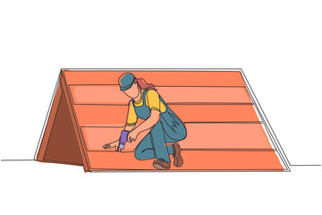 Wall Mural - Continuous one line drawing roofer installing wooden or bitumen shingle. Roofer woman fixing house roof with electric screwdriver. Repairwoman worker repair occupation. Single line draw design vector