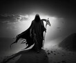 Grim reaper walking in the desert with scythe. Generative AI.