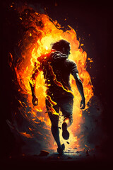 Poster - An image of man running through fire. Generative AI.