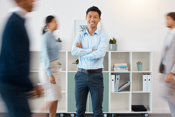 Business, corporate worker and happy asian manager with smile in busy accounting audit company office. Portrait of young businessman, finance employees and management leader with proud arms crossed