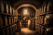 Wine barrels in wine cellar. Generative AI.