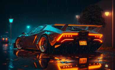 Sticker - Neon colored sports car in the rain. Generative AI.