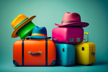 Sticker - Group of colorful suitcases with hats on top. Generative AI.