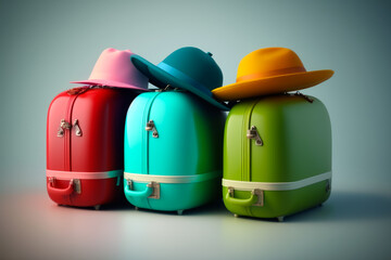 Wall Mural - Three colorful suitcases with hats on them. Generative AI.