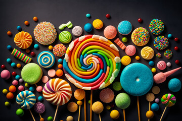 Wall Mural - Colorful assortment of candies and lollipops on black background. Generative AI.