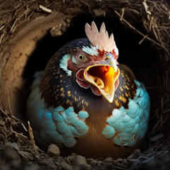 Sticker - Chicken with its beak open in nest. Generative AI.