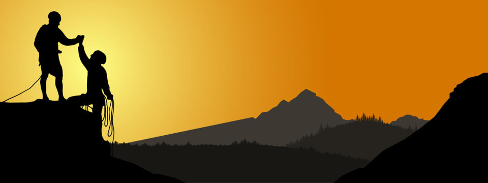 Fototapete - Climb climber adventure hobby vector illustration for logo - Black silhouette of two climbers on a cliff rock with mountains landscape and sunset sunrise as a background