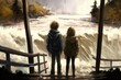 Two siblings stand on a bridge overlooking a raging river during a flood, holding hands tightly as they watch the water below, concept, AI generation.