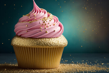 Canvas Print - Cupcake with pink frosting and gold sprinkles. Generative AI.