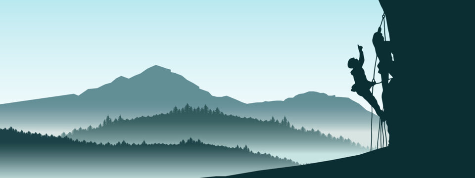 Fototapete - Climb climber sadventure hobby vector illustration for logo - Black silhouette of two climbers on a cliff rock with blue misty fog mountains landscape in the morning as a background