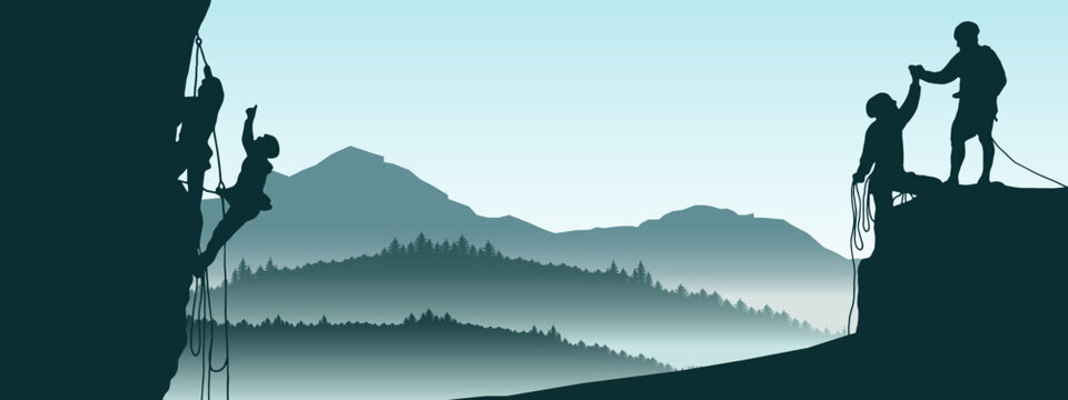 Fototapete - Climb climber sadventure hobby vector illustration for logo - Black silhouette of two climbers on a cliff rock with blue misty fog mountains landscape in the morning as a background