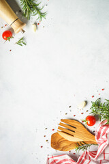 Wall Mural - Ingredients for cooking. Food background with herbs and vegetables. Top view, vertical.