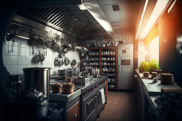 Wall Mural - Professional restaurant kitchen interior with cooking supply and electronics. Neural network AI generated art