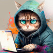 Cat hacker or program develper with laptop watercolor illustration. Funny pet character in goggles and hoodie palying computer game or explore virtual reality. Futuristic kawaii cool domestic animal