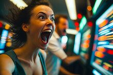 Joyfully Screaming Girl Emotionally Reacts To Winning In Slot Machines. Generative AI
