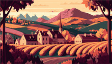 Vineyard In Burgundy France. Wine Tasting. Famous Grapes, Vector Art. Illustration Of Bordeaux Scenery. Nature, Peaceful Winery. Delicious French Wines. Harvest Of Grapes For Cabernet Red Wine. 