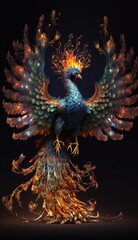 Canvas Print - Generative AI of a fantasy peacock on a black background.