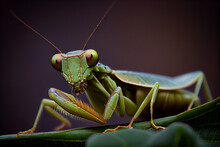 Illustration Created With Artificial Intelligence Simulating A Macro Photography Of A Praying Mantis. Tiny World. Insect