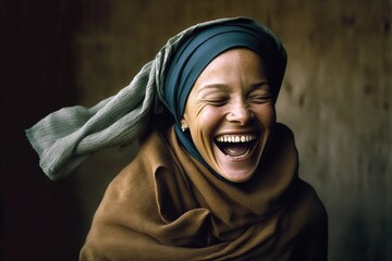 Wall Mural - Muslim arab woman in hijab laughing out loud with happiness. This is a Royalty-free fictitious generative AI artwork that doesn't exist in real life.
