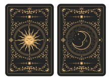 The Reverse Side Of A Tarot Cards Batch, Pattern With Mystic Sun And Moon, Esoteric Symbols Of Half-moon And Astrology, Vector