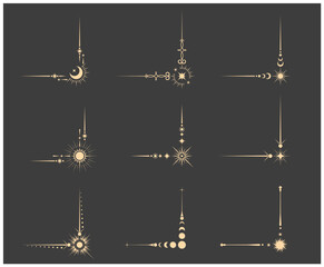 set of mystical corners and frames borders, magic banners and astrology stars in tarot style, esoter