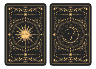the reverse side of a tarot cards batch, pattern with mystic sun and moon, esoteric symbols of half-