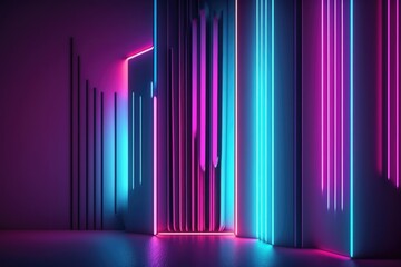 Wall Mural - abstract minimal background, vertical pink blue neon lines, glowing in the ultraviolet spectrum. Cyberspace. Laser show. Futuristic generative ai wallpaper.