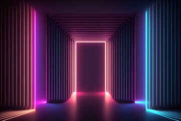 Wall Mural - abstract minimal background, vertical pink blue neon lines, glowing in the ultraviolet spectrum. Cyberspace. Laser show. Futuristic generative ai wallpaper.