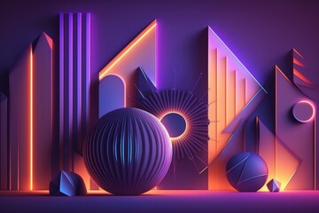 Glowing Neon abstract generative ai  abstract geometric background with shapes and neon lines glowing in ultraviolet ligh