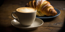 Tasse de café avec croissant dans une petite assiette posé sur une table en bois, scène de petit déjeuné