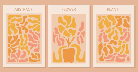 Wall Mural - set of abstract yellow flower posters. modern naive groovy funky interior decorations, paintings.