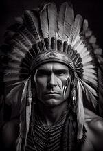 Image Created With Artificial Intelligence Simulating A Black And White Photograph Of A Professional Studio Portrait Of A Plains Indian Chief. Portrait. Sioux Indian. Apache Indian. Wears Typical Feat