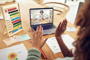 Canvas Print - Laptop screen, learning and family in online class for language teaching, knowledge and home development support. Hello, wave and mother with child listening to teacher on video call or webinar