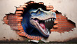 Dinosaur crawls out of a hole in a ruined brick wall - aI generated