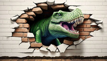 Green Dinosaur Crawls Out Of A Hole In A Destroyed White Brick Wall - AI Generated