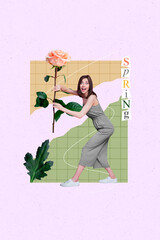 Wall Mural - Artwork graphics collage of crazy funky young lady enjoy spring time season sale hold catch garden roses stem