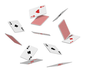  3d realistic vector icon. Flying playing cards of aces of diamonds clubs spades and hearts on white background, falling on the table.