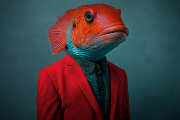 Wall Mural - A Fish in a Red Suit, A Creative Valentine's Day Stock Image of Animals in Red Suit. Generative AI 